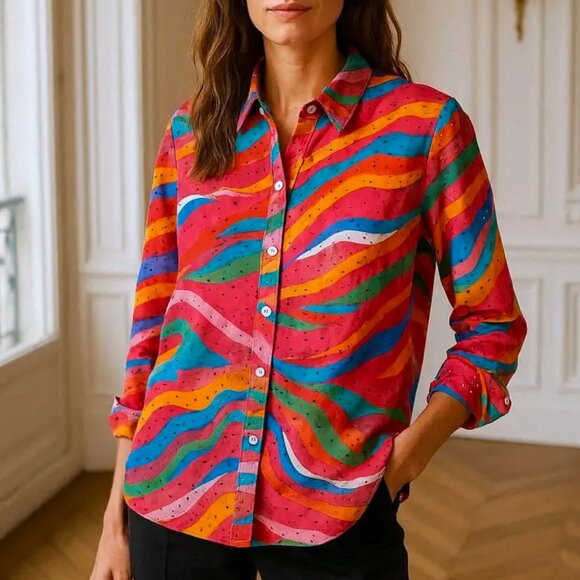 John Mark Eyelet Embroidered Watercolor Roll-Tab Sleeve Button Front Top Large - Picture 1 of 14